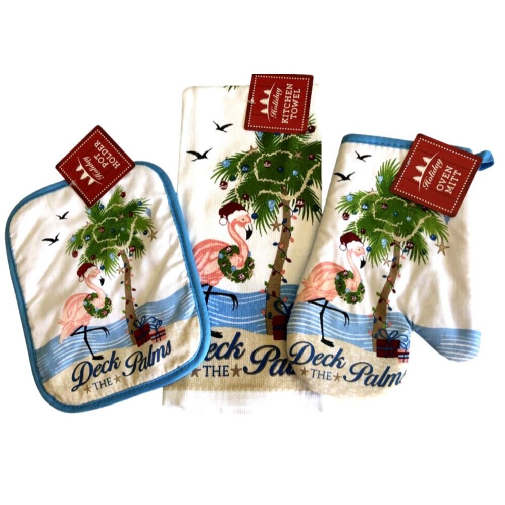 Flamingo Christmas Dish Towel Potholder Oven Mitt Tropical Beach Palms Set of 3